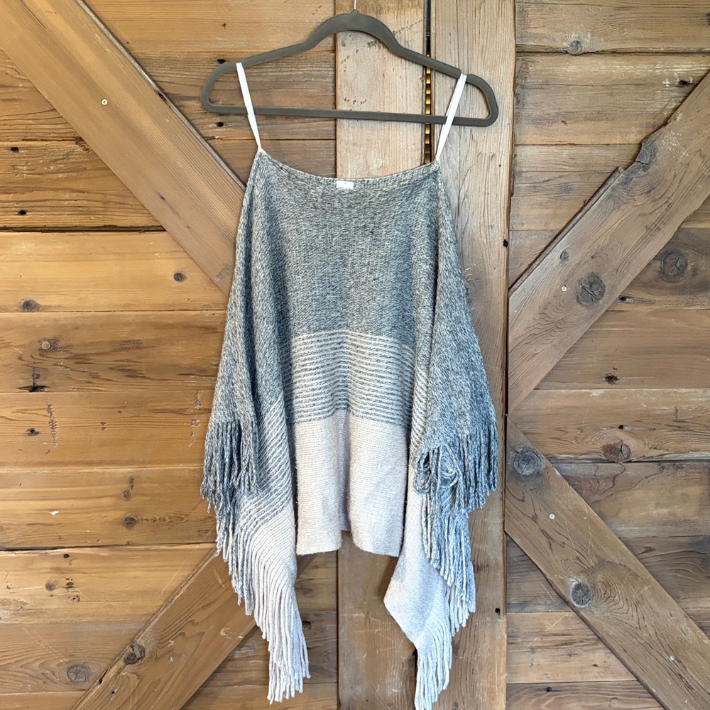 Gray and Cream Fringe Poncho Top